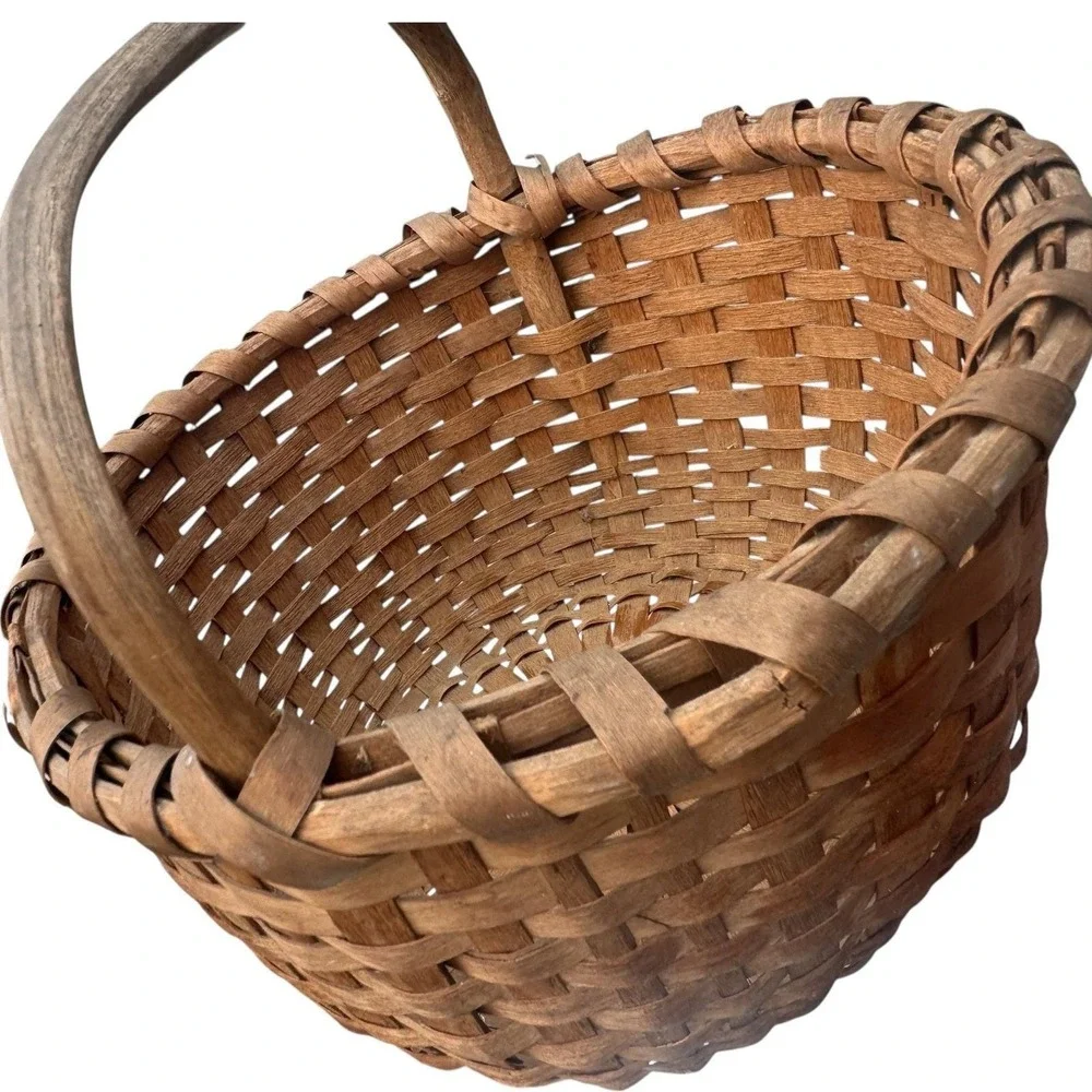 Vintage‎ Primitive Hand Woven Splint Wood Gathering Basket Fixed Handle Brown